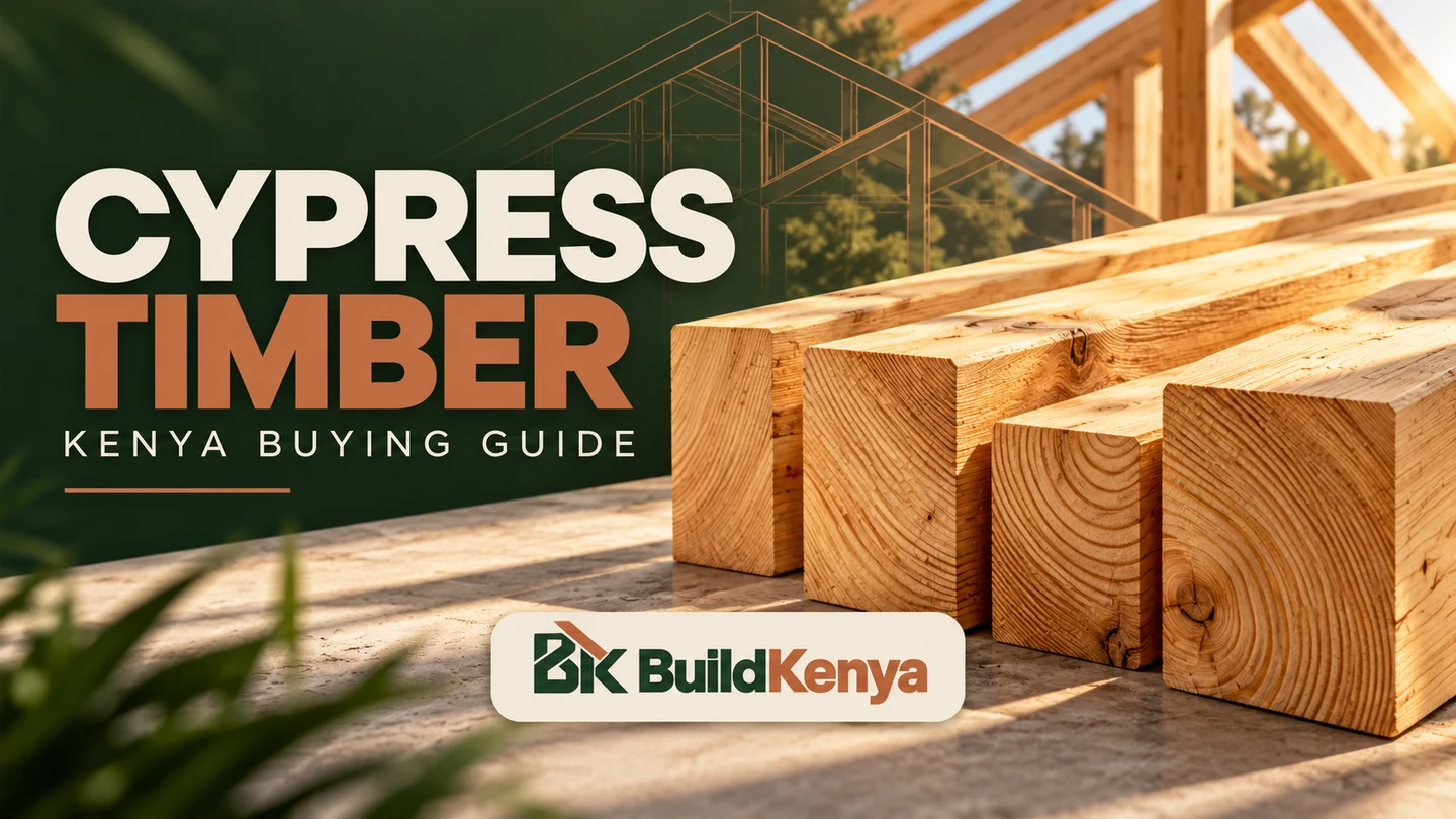 Editorial illustration for cypress timber in Kenya, with the BuildKenya logo