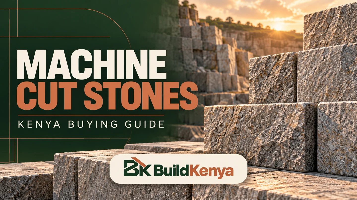 Editorial illustration for machine cut stones in Kenya, with the BuildKenya logo