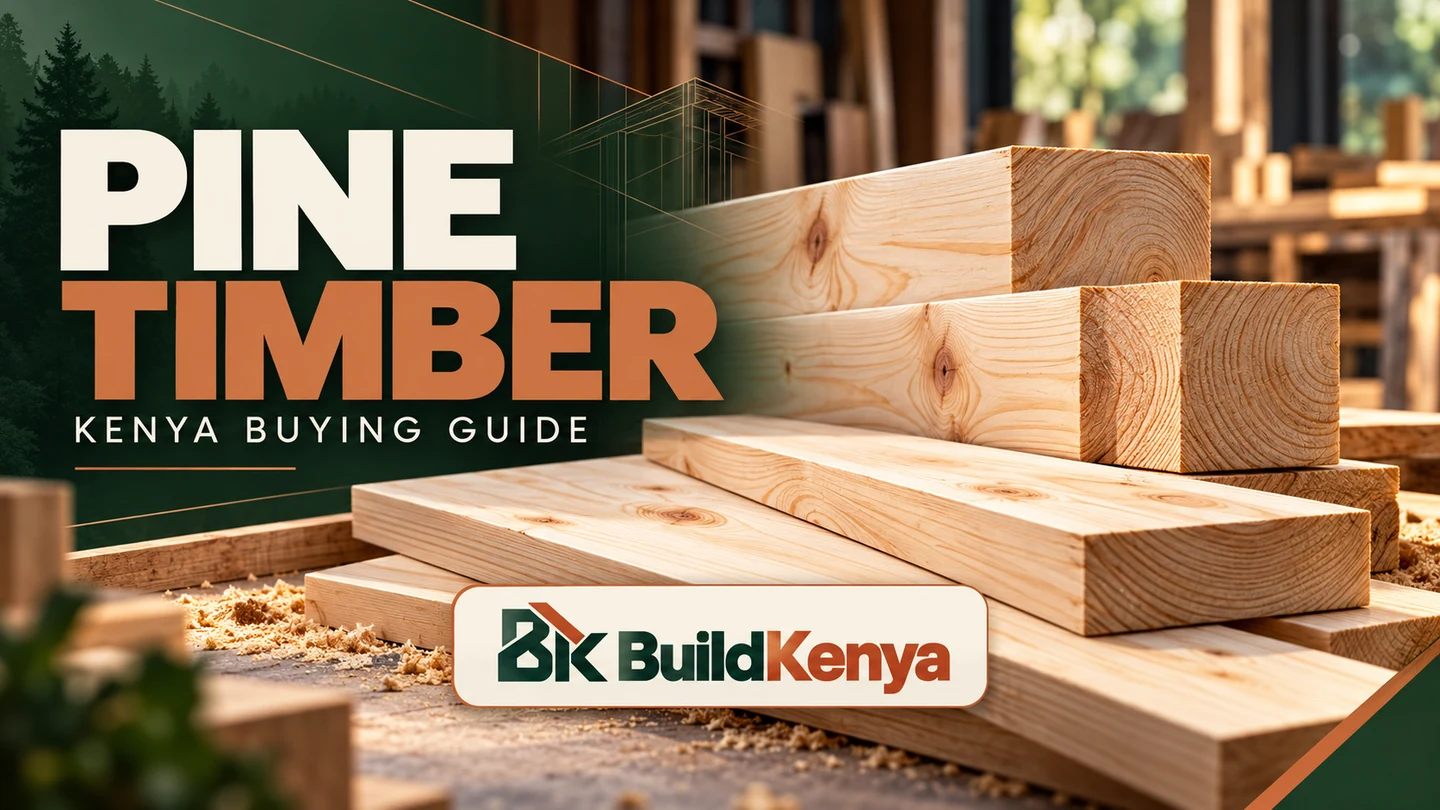 Editorial illustration for pine timber in Kenya, with the BuildKenya logo